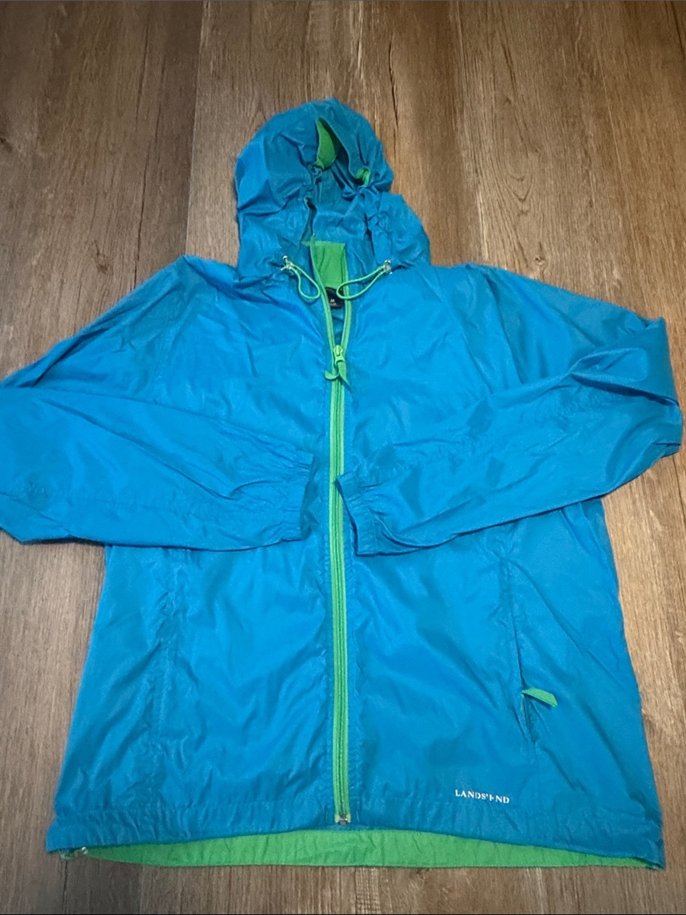 Lands End blue and green hooded windbreaker jacket